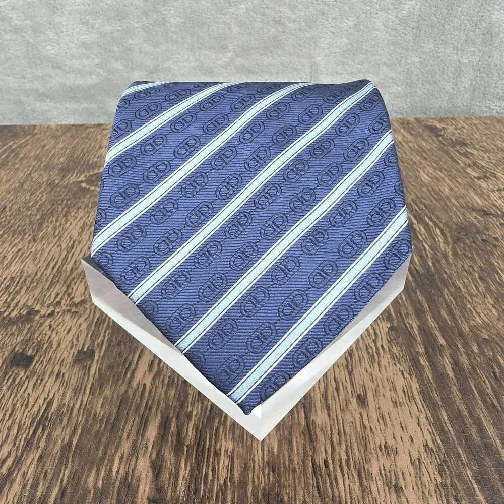 Celine Neck Tie 100% Silk Blue Striped Chain Designer Italian Quality Corpcore